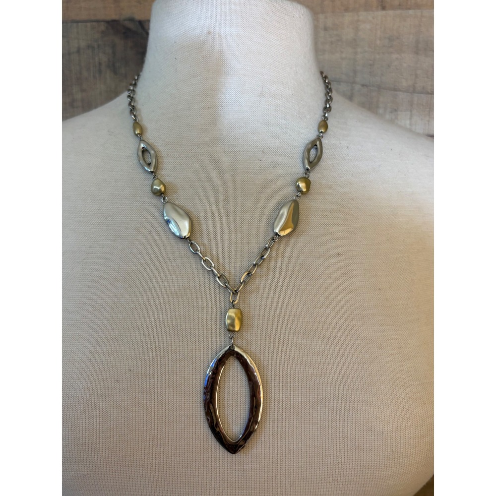 Chicos Mixed Metal Hammered Oval Y-Drop Necklace Silver Gold Tone